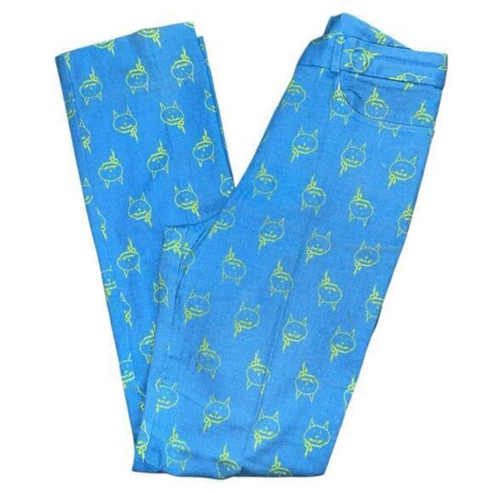 Cynthia Rowley Vintage Women’s Size 2 Blue Yellow Cat Faces Trousers Pants